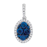 14kt White Gold Womens Round Natural Blue Sapphire Diamond Oval Cluster Pendant 7/8 Cttw