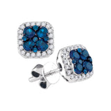 14kt White Gold Womens Round Blue Sapphire Square Cluster Diamond Earrings 3/4 Cttw