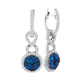 14kt White Gold Womens Round Blue Sapphire Cluster Diamond Frame Dangle Earrings 5/8 Cttw