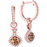14kt Rose Gold Womens Round Brown Diamond Hoop Square Dangle Earrings 1/2 Cttw