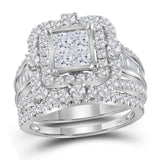 14kt White Gold Princess Diamond Cluster Bridal Wedding Ring Band Set 2-1/3 Cttw