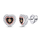 10kt Two-tone Gold Womens Round Brown Diamond Heart Earrings 1/5 Cttw