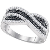 Sterling Silver Womens Round Black Color Enhanced Diamond Crossover Stripe Band Ring 1/2 Cttw