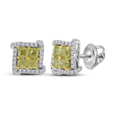 18kt White Gold Womens Round Yellow Color Enhanced Diamond Square Cluster Earrings 1-1/2 Cttw