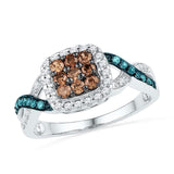 10kt White Gold Womens Round Brown Blue Color-Enhanced Diamond Square Ring 1/2 Cttw