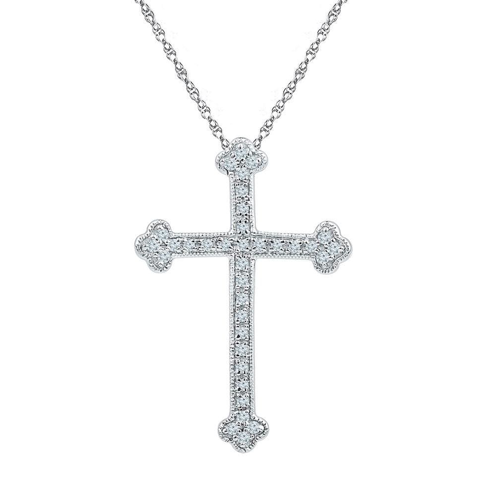 10kt White Gold Womens Round Diamond Gothic Cross Religious Pendant 1/5 Cttw
