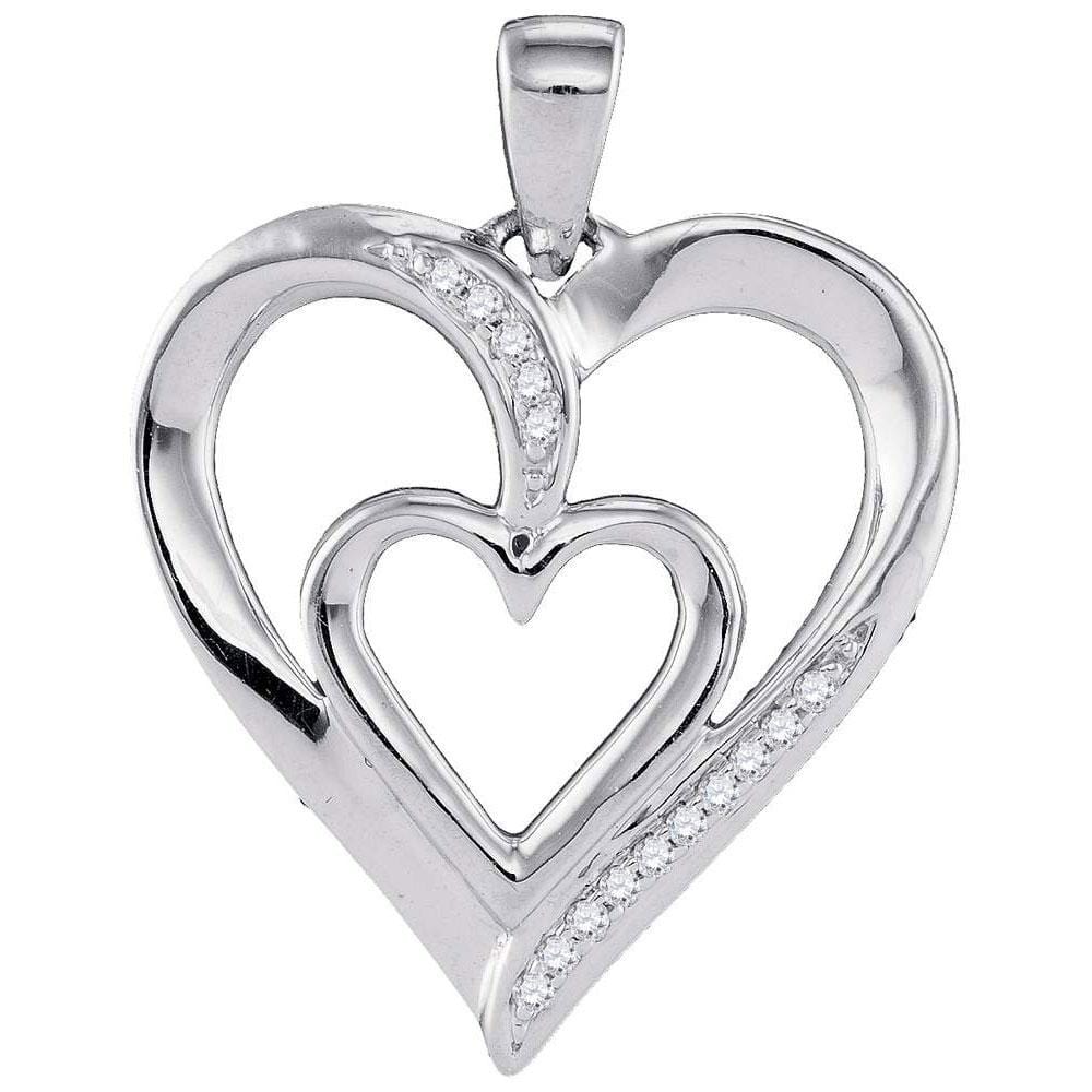 10kt White Gold Womens Round Diamond Double Nested Heart Pendant 1/20 Cttw