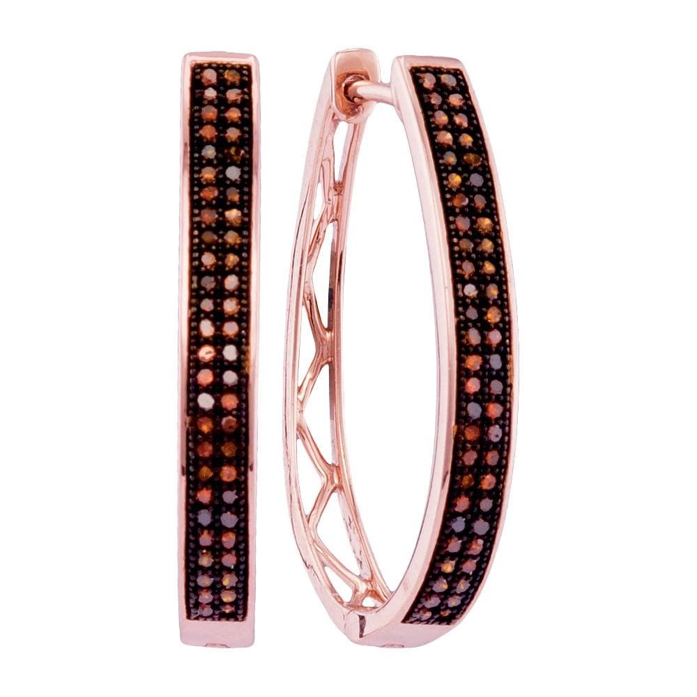 10kt Rose Gold Womens Round Red Color Enhanced Diamond Double Row Hoop Earrings 1/3 Cttw