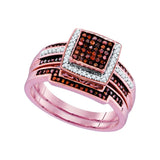 10kt Rose Gold Womens Round Red Color Enhanced Diamond Square Bridal Wedding Engagement Ring Band Set 3/8 Cttw