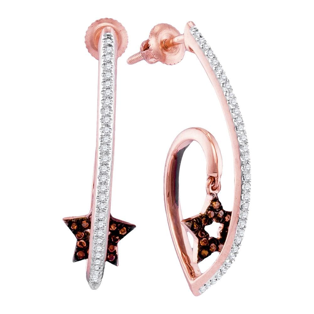 10kt Rose Gold Womens Round Red Color Enhanced Diamond Star Dangle Earrings 1/4 Cttw