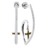 10kt White Gold Womens Round Green Color Enhanced Diamond J Hoop Cross Dangle Earrings 1/4 Cttw