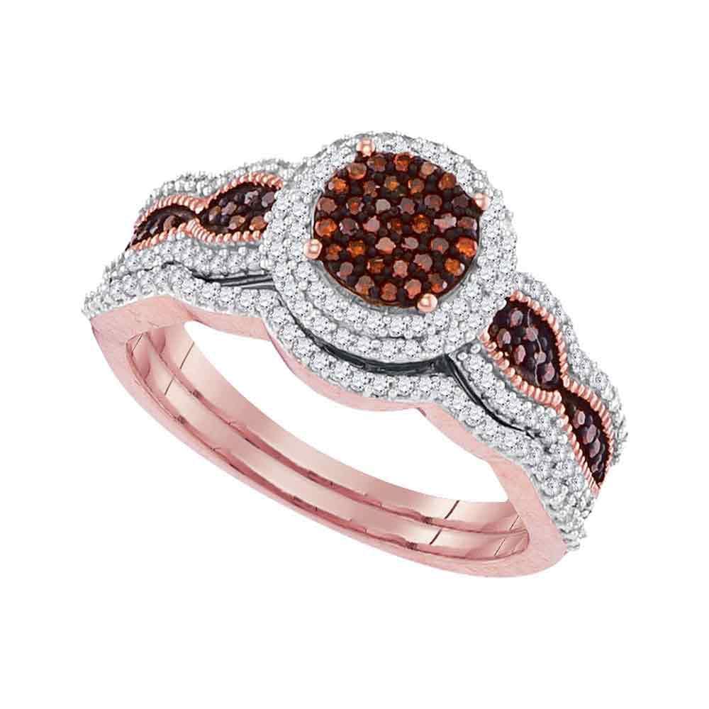 10kt Rose Gold Womens Round Red Color Enhanced Diamond Bridal Wedding Ring Set 1/2 Cttw