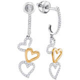 10kt Two-tone White Gold Womens Round Diamond Dangling Triple Heart Earrings 1/4 Cttw