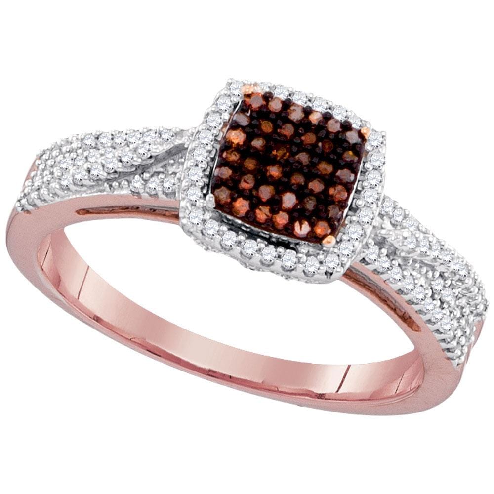 10kt Rose Gold Womens Round Red Color Enhanced Diamond Square Cluster Ring 1/3 Cttw