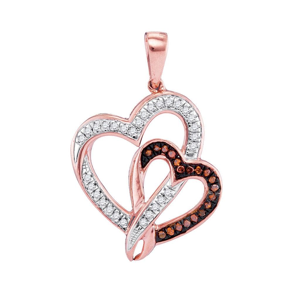 10kt Rose Gold Womens Round Red Color Enhanced Diamond Double Heart Pendant 1/6 Cttw