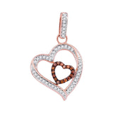 10kt Rose Gold Womens Round Red Color Enhanced Diamond Nested Double Heart Pendant 1/6 Cttw