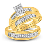 10kt Yellow Gold His & Hers Round Diamond Cluster Matching Bridal Wedding Ring Band Set 1/3 Cttw