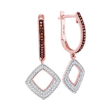 10kt Rose Gold Womens Round Red Color Enhanced Diamond Square Dangle Hoop Earrings 3/8 Cttw