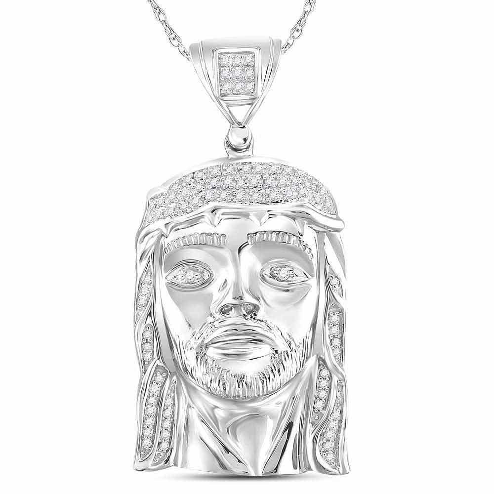 10kt White Gold Mens Round Diamond Jesus Face Charm Pendant 1/4 Cttw