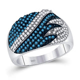 10kt White Gold Womens Round Blue Color Enhanced Diamond Stripe Fashion Ring 3/4 Cttw
