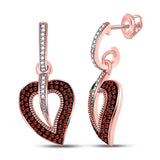 10kt Rose Gold Womens Round Red Color Enhanced Diamond Heart Dangle Earrings 3/8 Cttw
