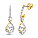 10kt Yellow Gold Womens Round Diamond Heart Dangle Earrings 1/4 Cttw