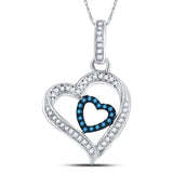 10kt White Gold Womens Round Blue Color Enhanced Diamond Nested Heart Pendant 1/6 Cttw