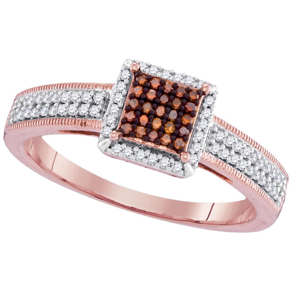 10kt Rose Gold Womens Round Red Color Enhanced Diamond Square Cluster Ring 1/4 Cttw