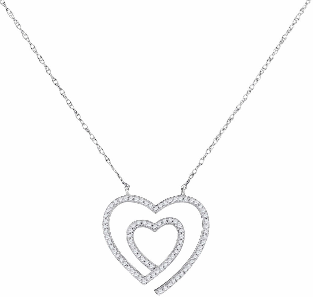 10kt White Gold Womens Round Diamond Double Heart Love Pendant Necklace 1/5 Cttw