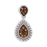 Sterling Silver Womens Round Brown Diamond Teardrop Cluster Pendant 1/6 Cttw