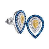 10kt White Gold Womens Round Blue Yellow Color Enhanced Diamond Teardrop Earrings 1/3 Cttw