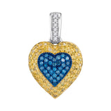 10kt White Gold Womens Round Blue & Yellow Color Enhanced Diamond Heart Cluster Pendant 1/4 Cttw