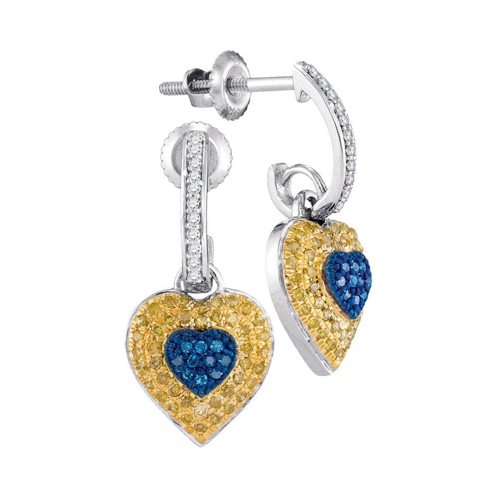 10kt White Gold Womens Round Blue Yellow Color Enhanced Diamond Heart Dangle Earrings 1/3 Cttw