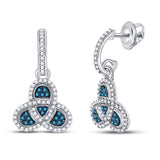 10kt White Gold Womens Round Blue Color Enhanced Diamond Trefoil Dangle Earrings 1/2 Cttw