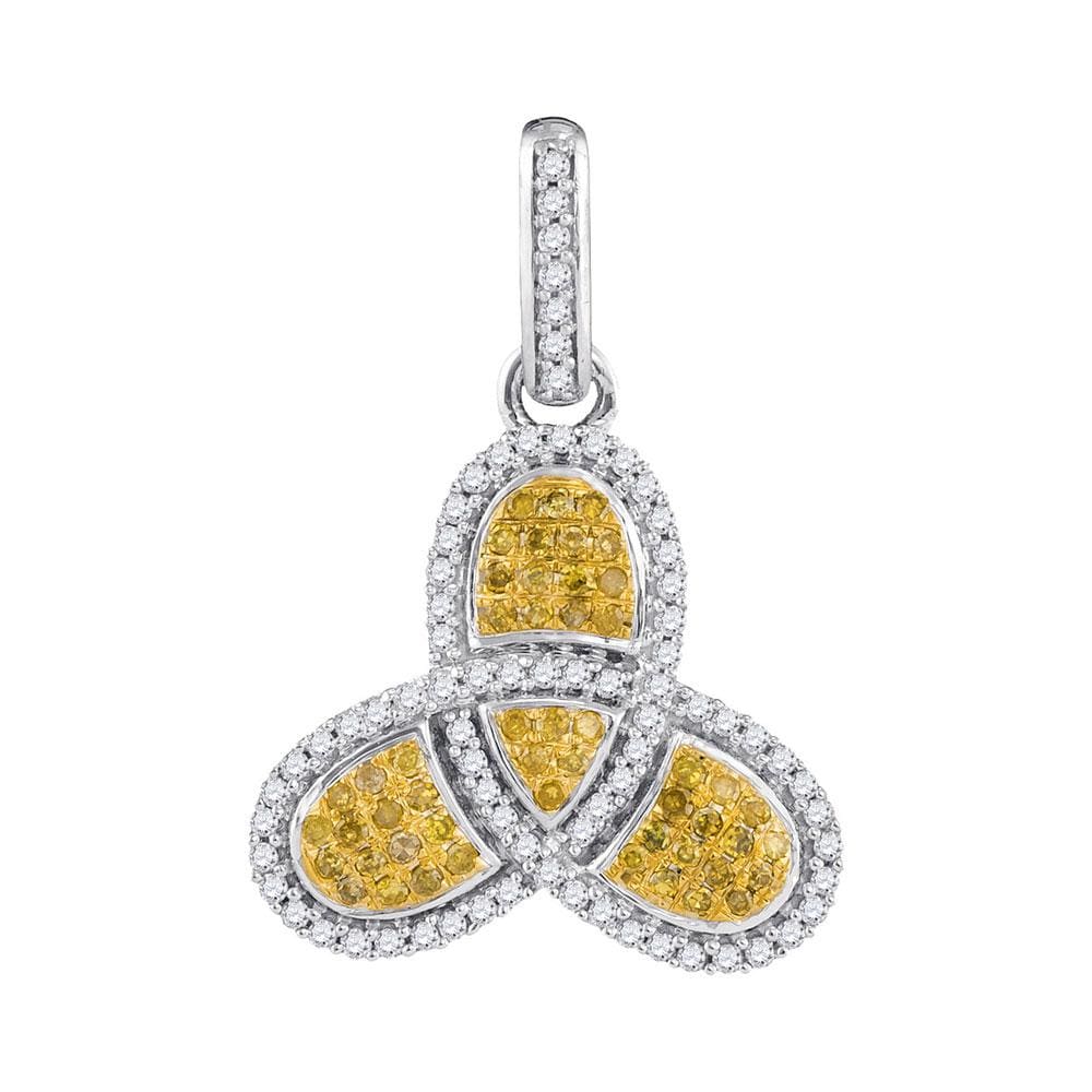 10kt White Gold Womens Round Yellow Color Enhanced Diamond Trefoil Cluster Pendant 3/8 Cttw