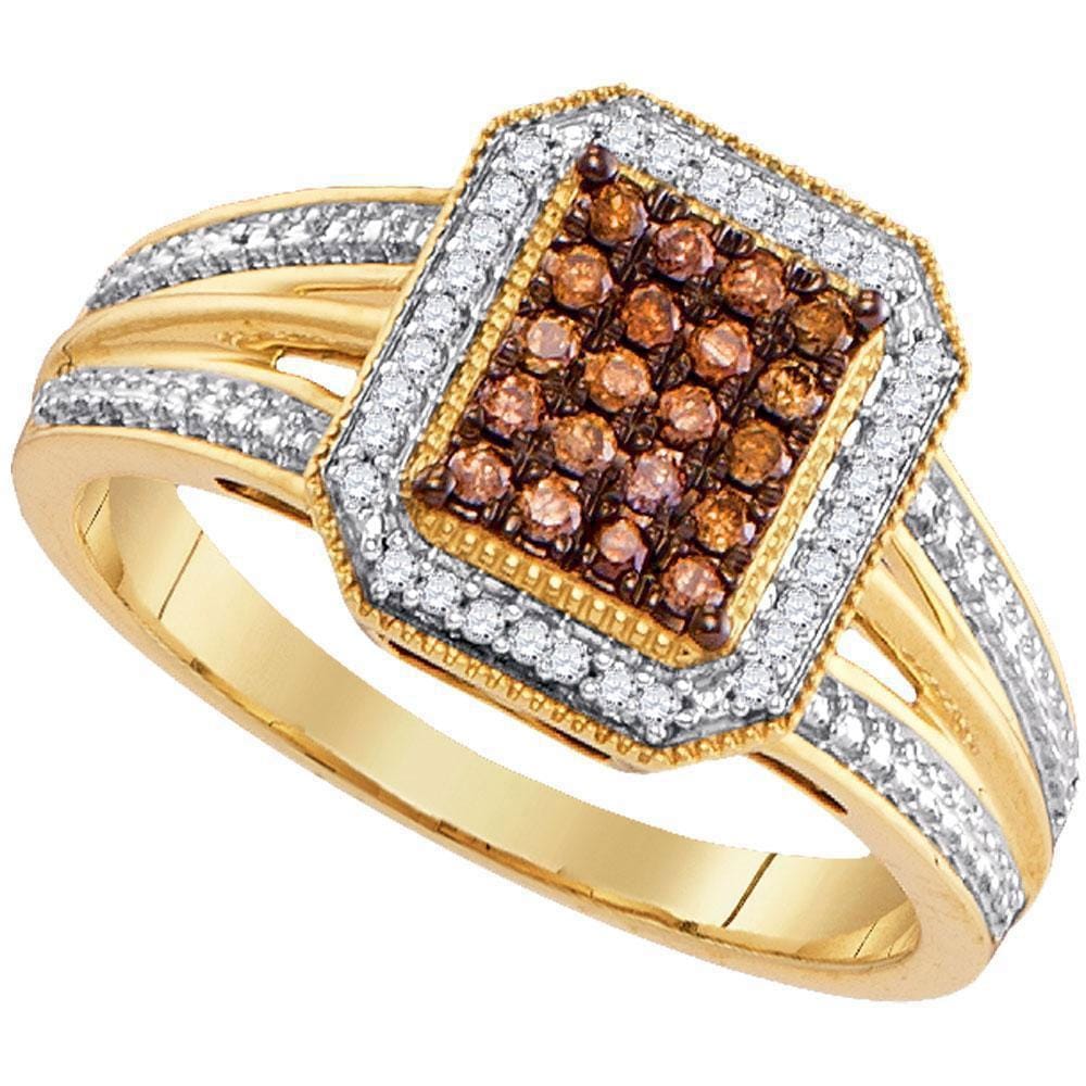 10kt Yellow Gold Womens Round Brown Color Enhanced Diamond Cluster Ring 1/4 Cttw