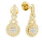 14kt Yellow Gold Womens Princess Round Diamond Cluster Dangle Earrings 1/2 Cttw