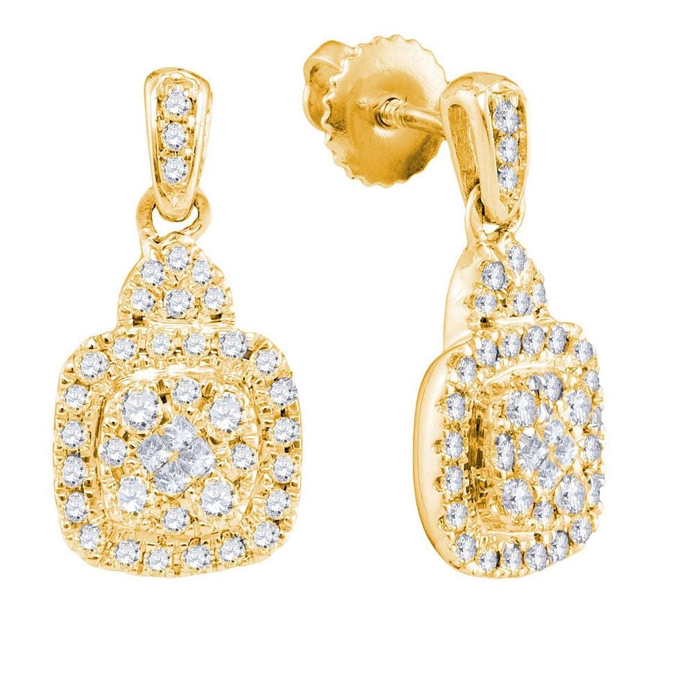 14kt Yellow Gold Womens Princess Round Diamond Square Dangle Earrings 1/2 Cttw